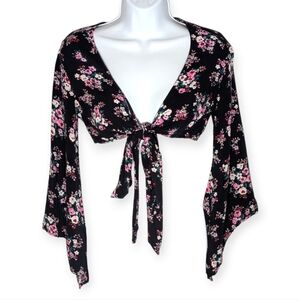 Forever 21 Black Floral Hippie Boho Cottagecore Crop Top Bell Sleeve Festival